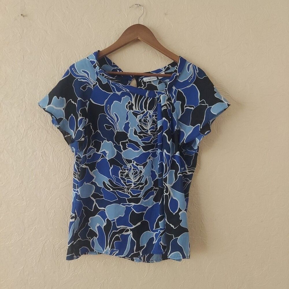 Liz Claiborne Blue Floral Flutter Sleeve Sheer Blouse Sz Large